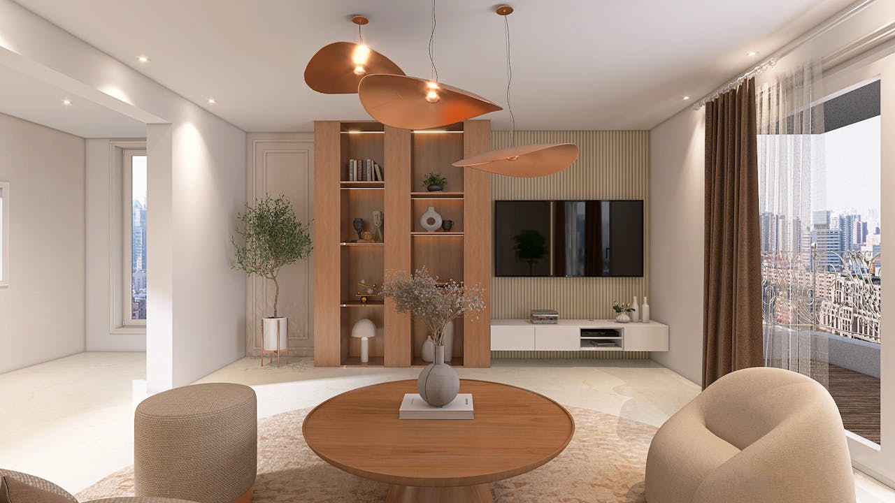 Stylish and cozy modern living room featuring elegant furniture and a city view.