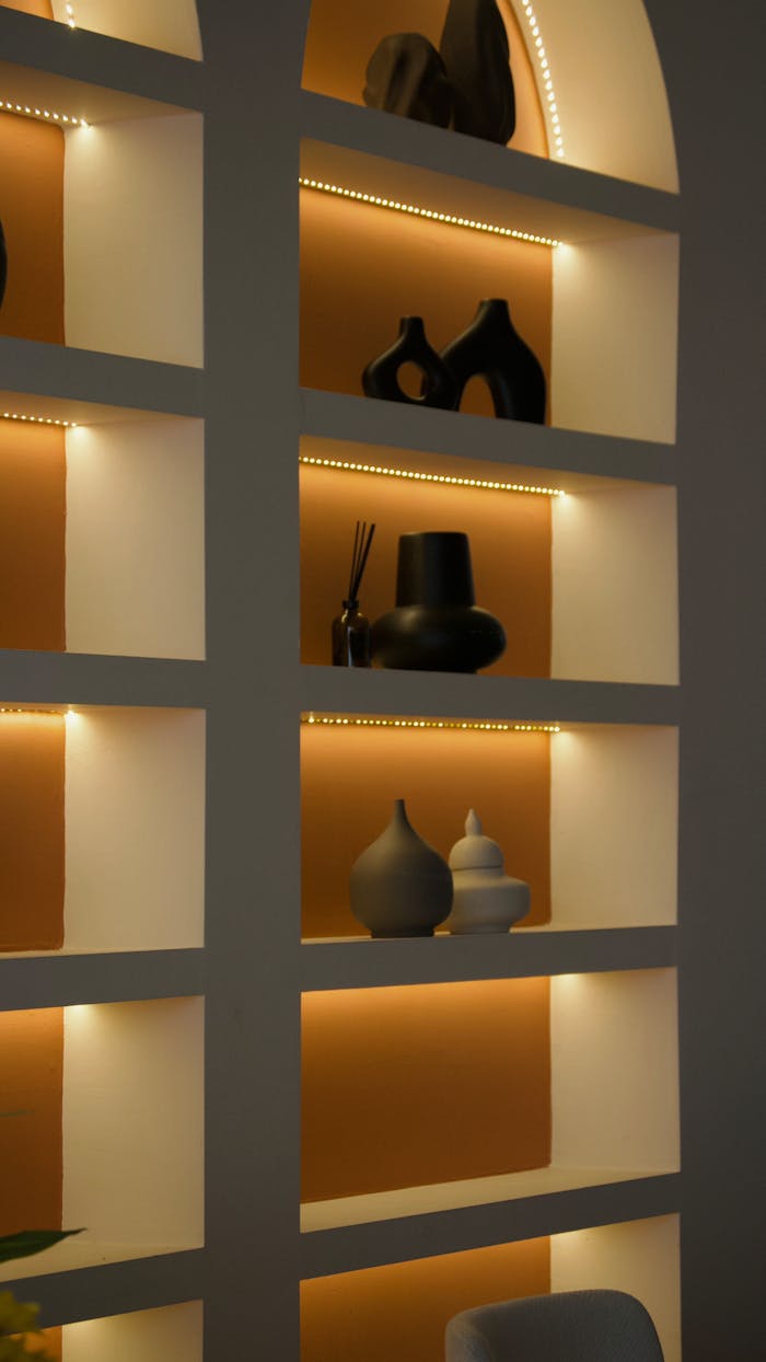 Stylish wall with illuminated shelves and decorative vases, showcasing modern interior design in Türkiye.